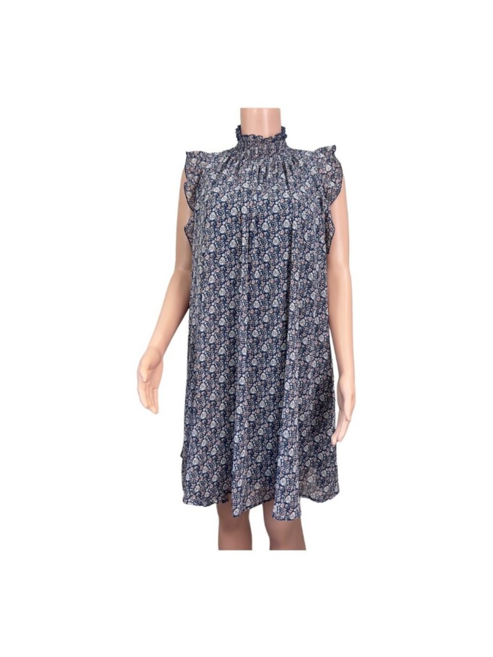 CODExMODE Women SZ M Navy Blue Floral A Line Knee Lenght Dress High Neck Chiffon